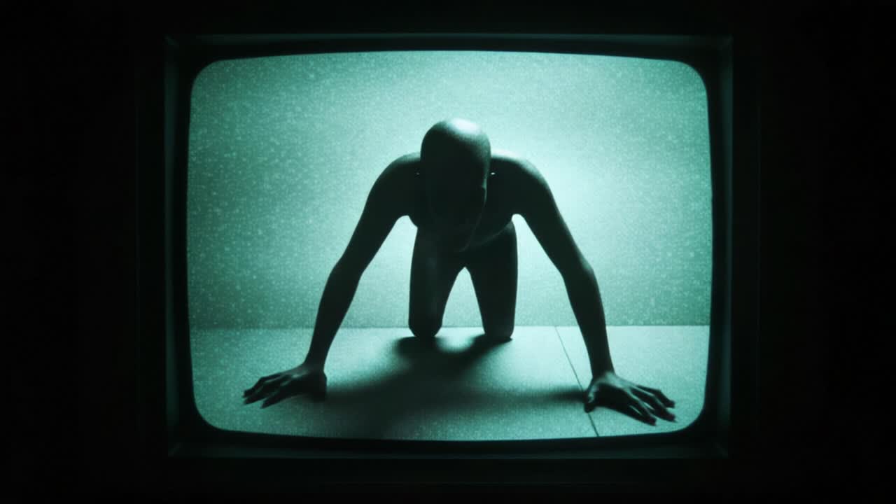 A mysterious figure is seen crawling on a floor, illuminated by a green glow from an old TV screen, creating an unsettling and eerie atmosphere in the darkened room