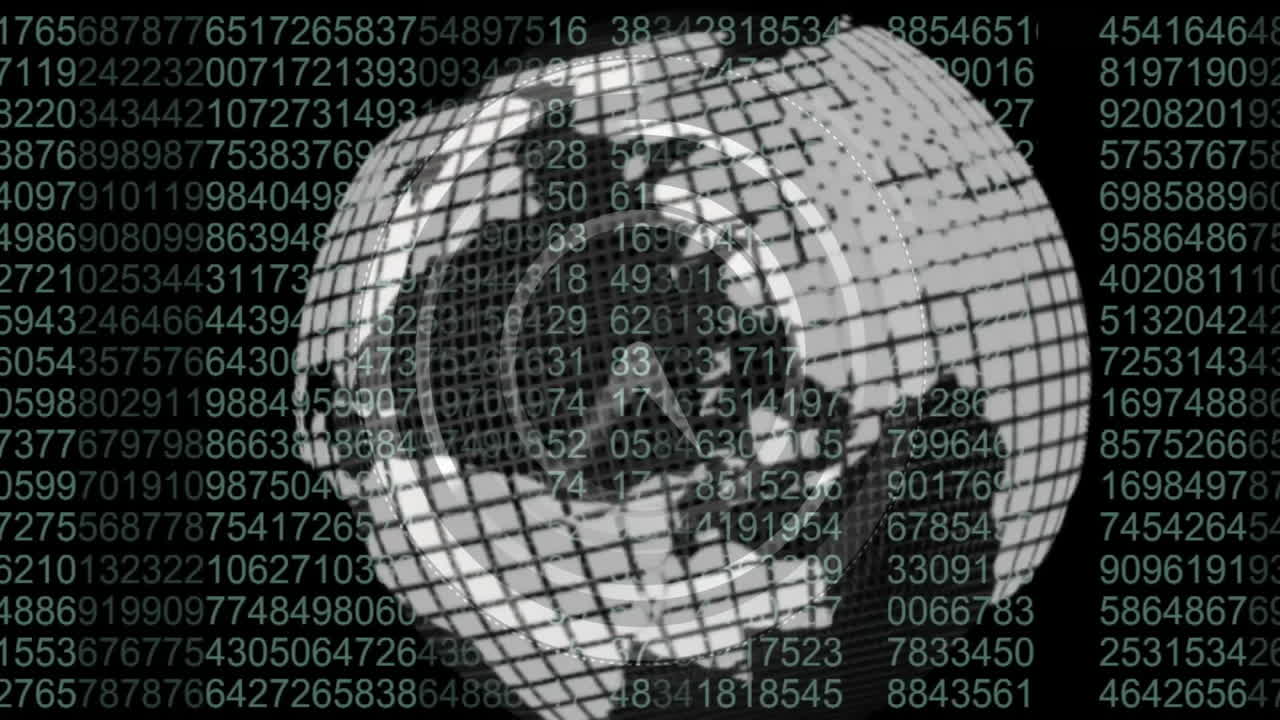 Rotating globe animation over binary numbers and digital data background