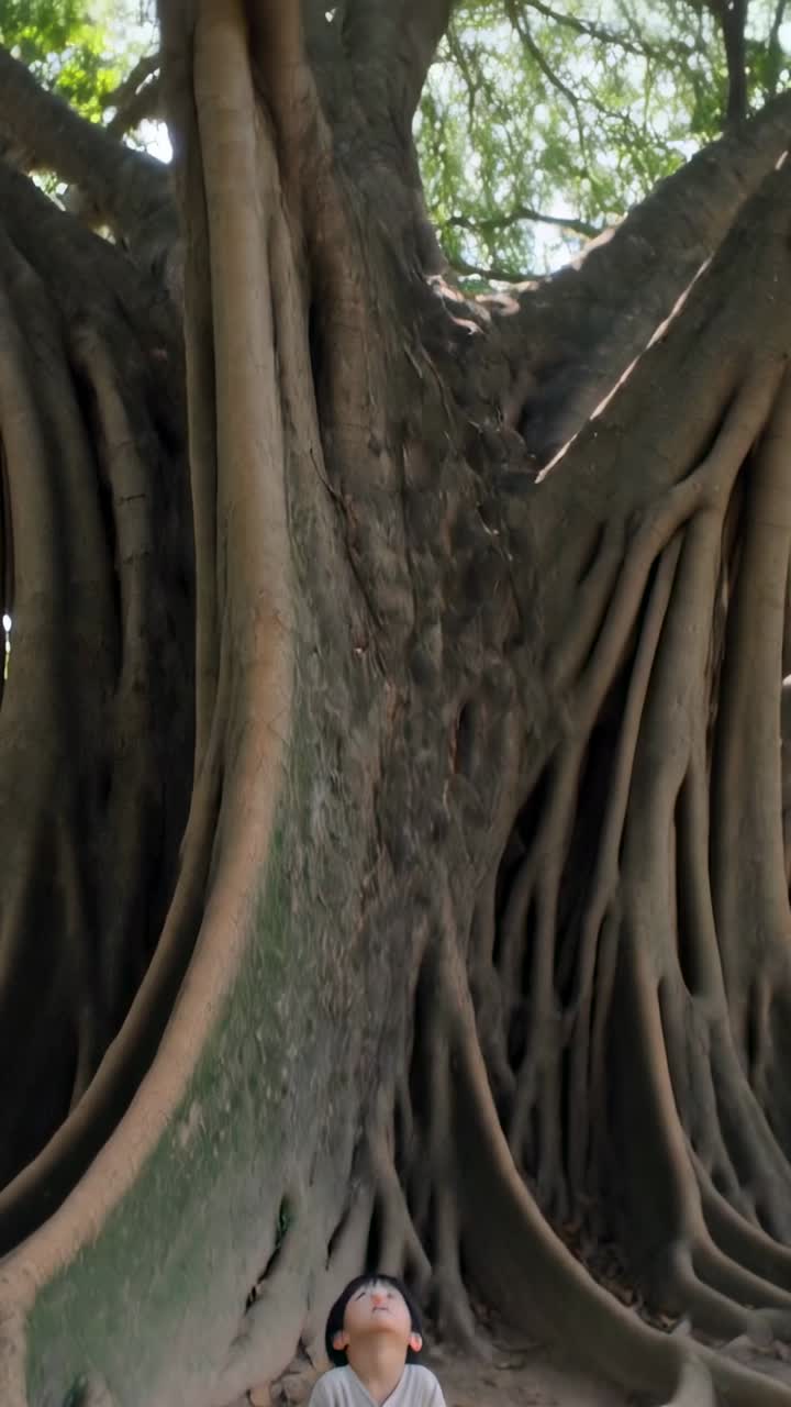 Vertical video: Tilting camera revealing boy sitting in tree root hollow gazing upward at sunburst