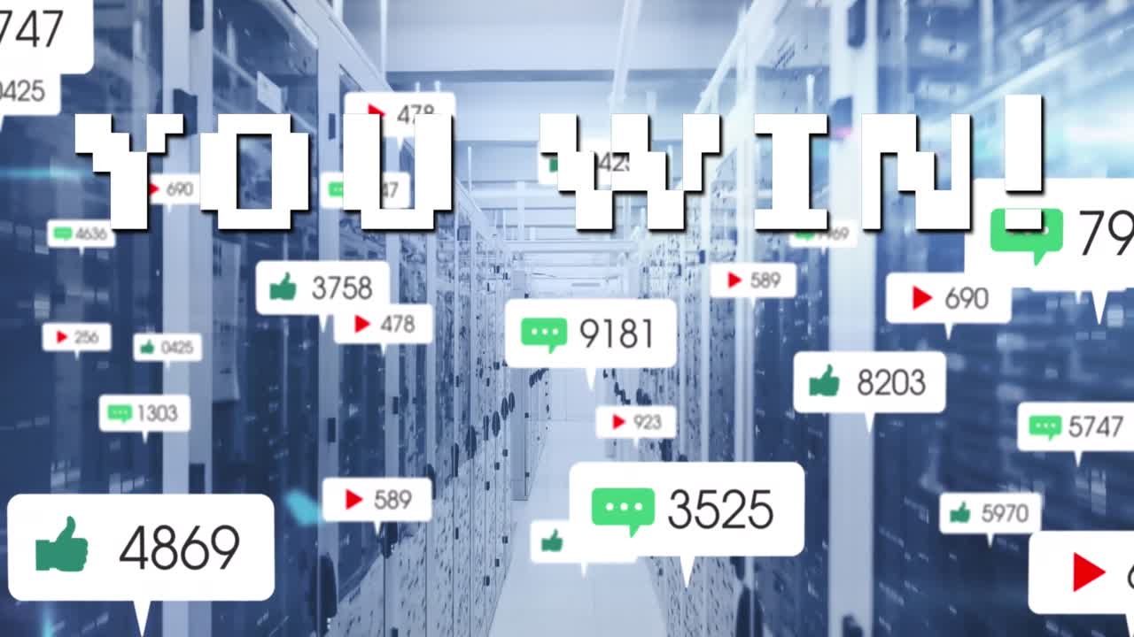 animación de usted ganar texto y números que crecen en la sala del servidor