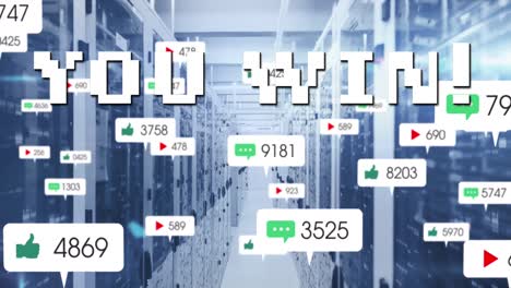Animation,-In-Der-Sie-Text-Und-Zahlen-Gewinnen,-Die-über-Dem-Serverraum-Wachsen