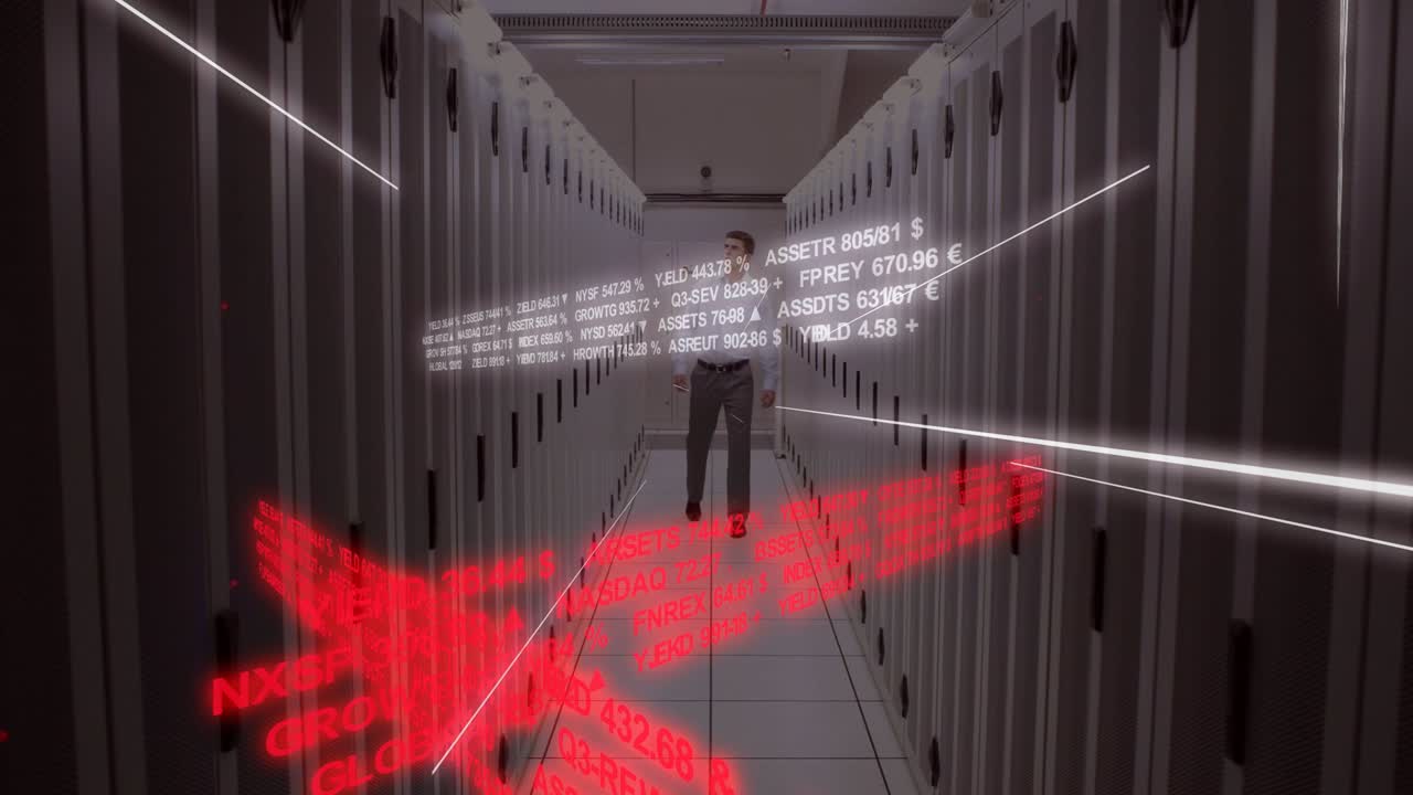 Walking man in light shirt dark trousers navigating server aisle with hologram text, red floor data