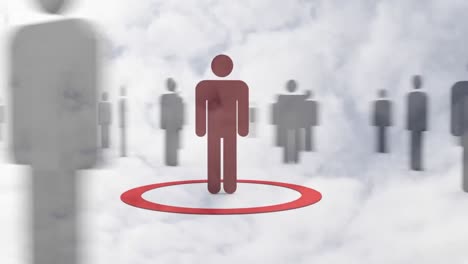 icono de persona roja rodeado de personas icono sobre nubes en el fondo