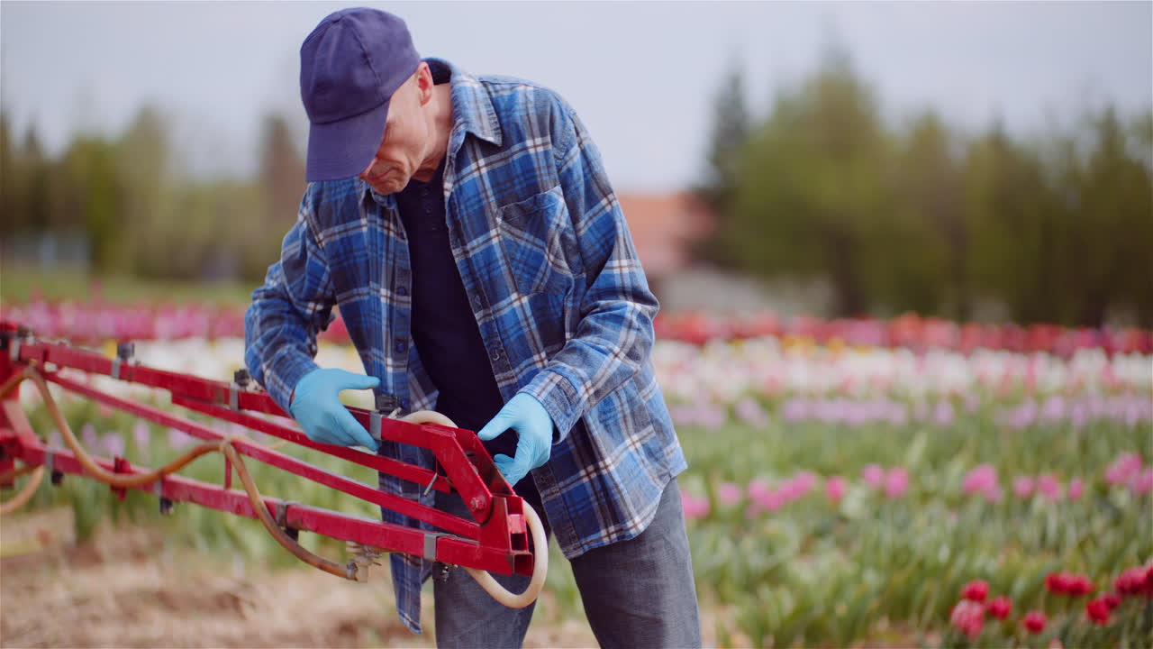 Farmer Adjusting Sprayer Equipment in a Field of Blooming Tulips