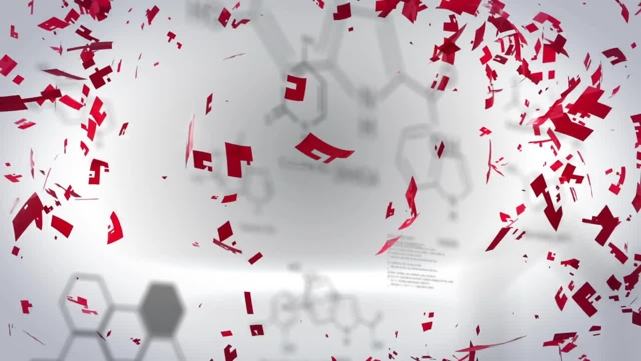 색 배경에서 모양과 데이터 처리 위에 회전하는 심장의 애니메이션