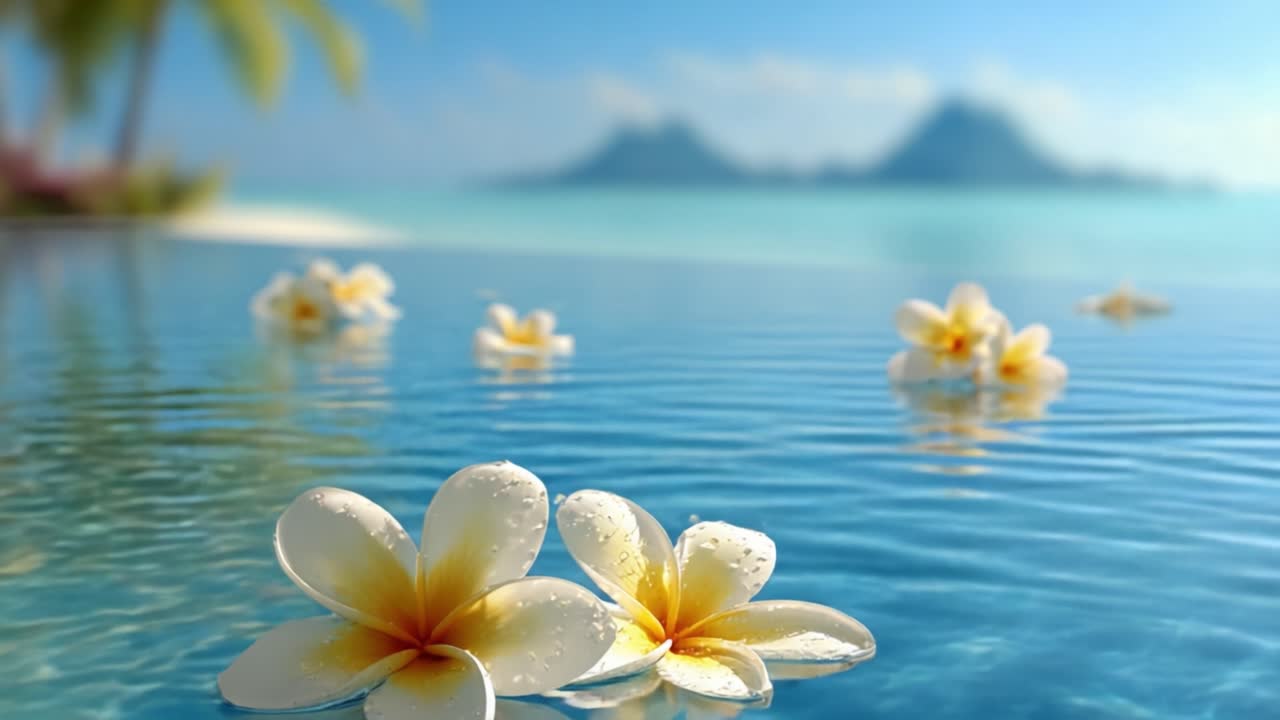 Una tranquilla scena tropicale caratterizzata da rigogliosi elementi floreali e acque serene, con uno sfondo di montagne dolci e un cielo azzurro limpido.