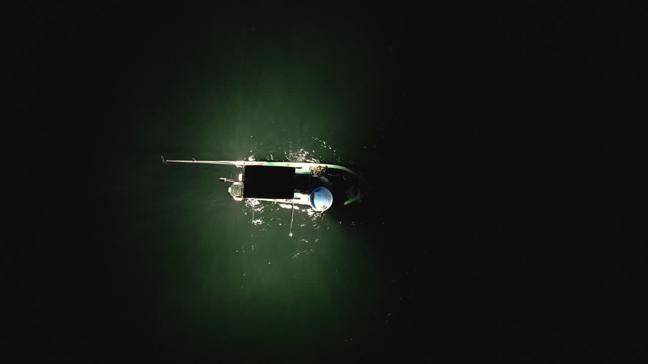 Nighttime Squid Fishing From a Boat in Phu Quoc, Vietnam - Aerial Topdown Shot