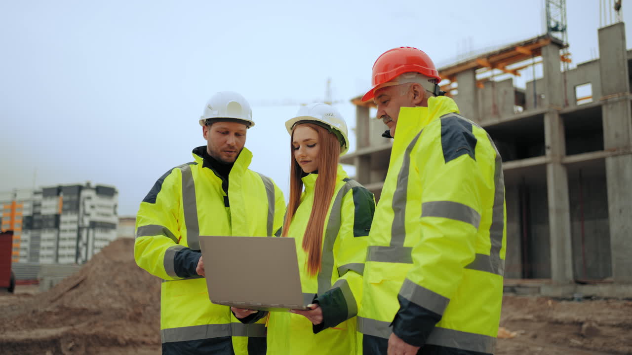 three engineers are discussing project of building and construction progress in building site