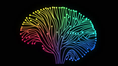 colorful neon circuit board lines creating human brain in black background