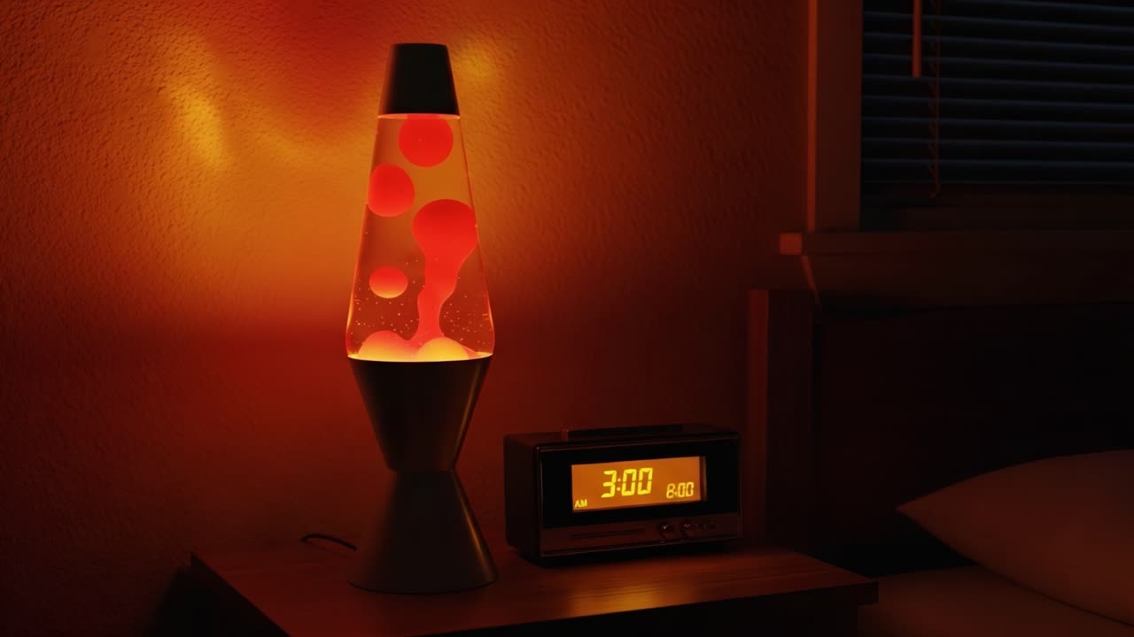 A Cozy Bedroom Scene Featuring a Lava Lamp and Alarm Clock, Creating a Warm Ambiance with Soft Lighting as Night Turns Into Early Morning