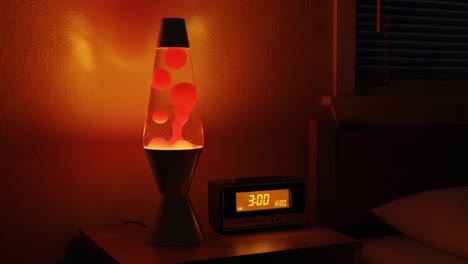 a cozy bedroom scene featuring a lava lamp and alarm clock, creating a warm ambiance with soft lighting as night turns into early morning