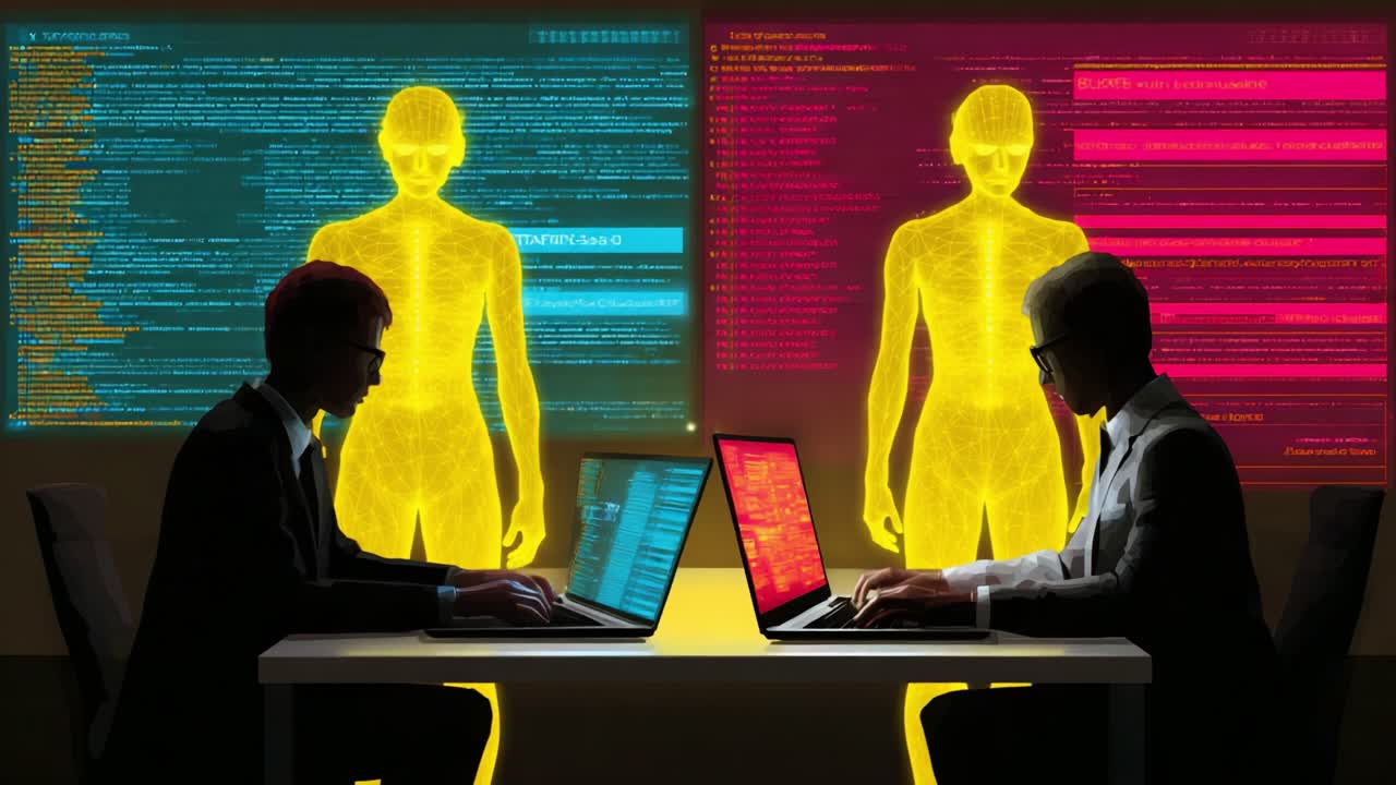 A technological exploration of human anatomy: two individuals engaged in deep analysis of digital representations with data visualizations illuminating their surroundings