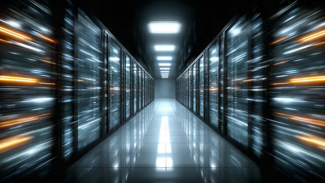 En futuristisk datacenterkorridor, der fremhæver avancerede serverracks og højtydende teknologi i et elegant, lyst miljø