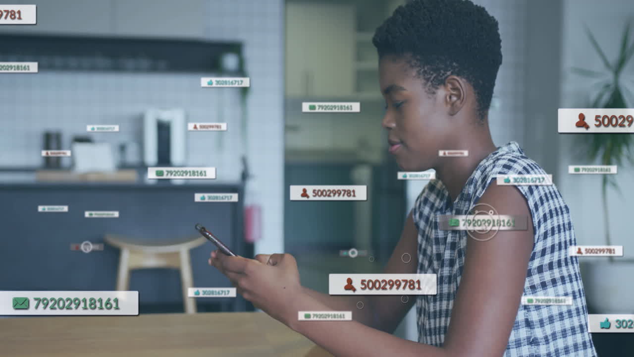 Animation of media icons over biracial woman using smartphone