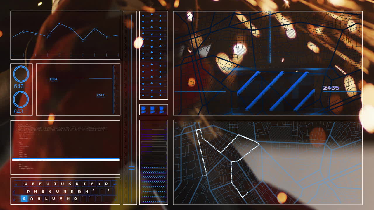 Animation of digital interface with graphs and data over abstract geometric patterns
