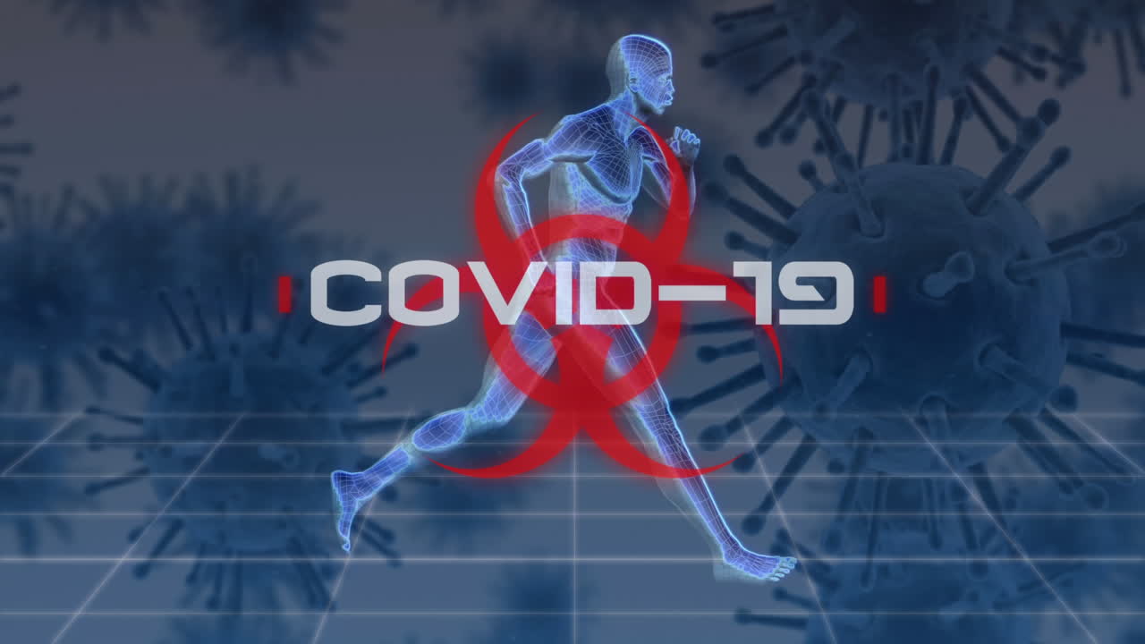 코로나바이러스가 퍼지고 있는 코로나19 단어의 애니메이션과 배경에 3d 맨이 실행되고 있습니다.