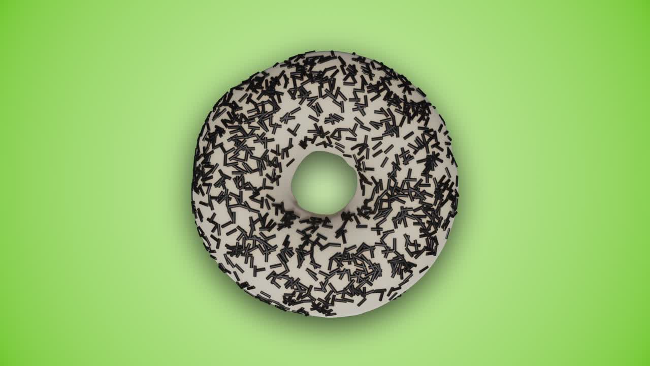 Tasty colorful donuts with glaze and sprinkles changing each other on green background