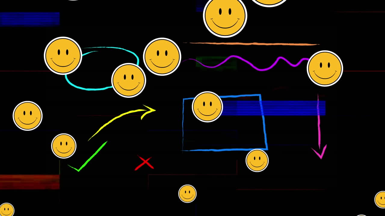 검은색 배경의 다채로운 추상적인 모양에 대해 떠다니는 여러 개의 웃는 얼굴 이모티콘