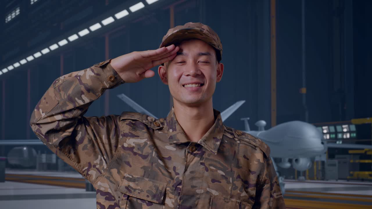 Close Up Of Asian Man Soldier Saluting And Smiling While Standing With Modern Military Drone In Maintenance Hangar