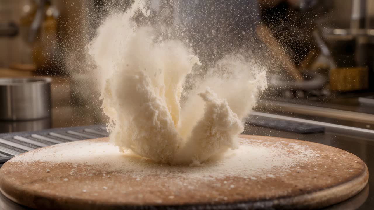 Bursting flour cloud rising then collapsing on round wooden board over stovetop, for baking prep