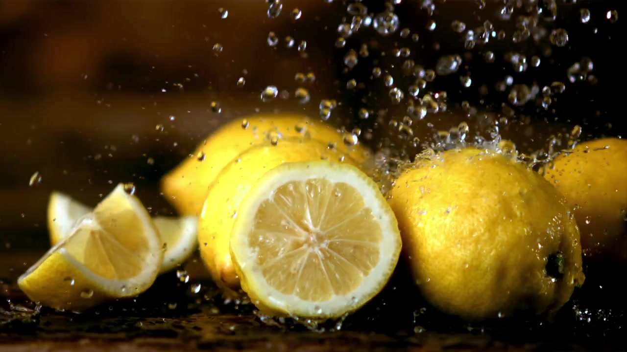 Limoni freschi e fette schizzati d'acqua al rallentatore