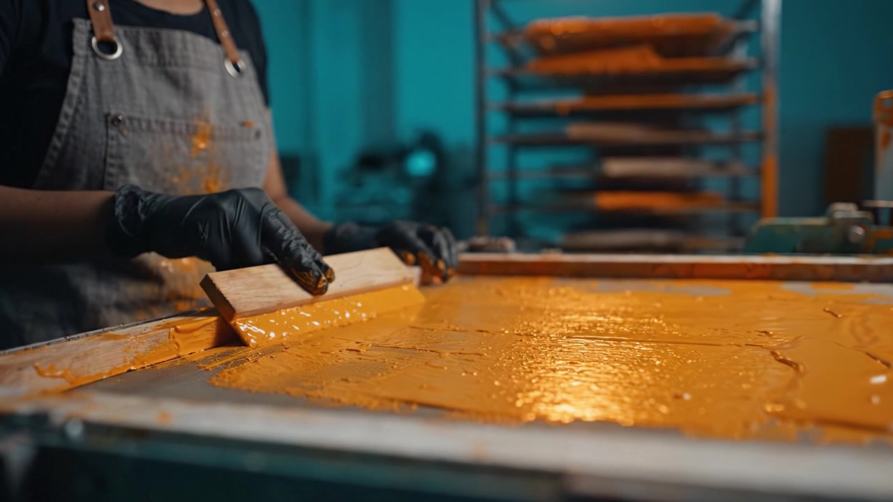 An Artist Skillfully Applies a Vibrant Orange Layer with a Squeegee, Showcasing the Intricate Craft of Screen Printing in a Creative Workspace Environment