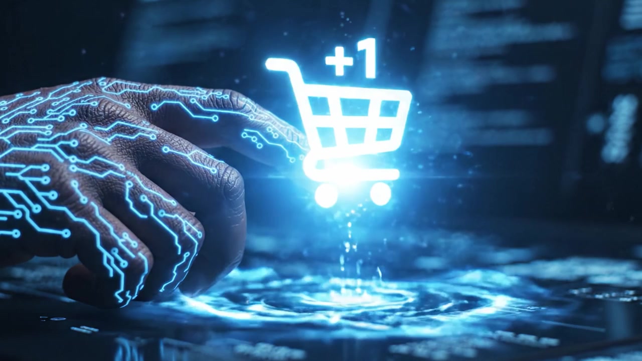 Exploring Digital Interface: A Futuristic Hand Engaged with a Touchscreen Display, Featuring Advanced Technology and E-commerce Interaction through a Shopping Cart Icon.