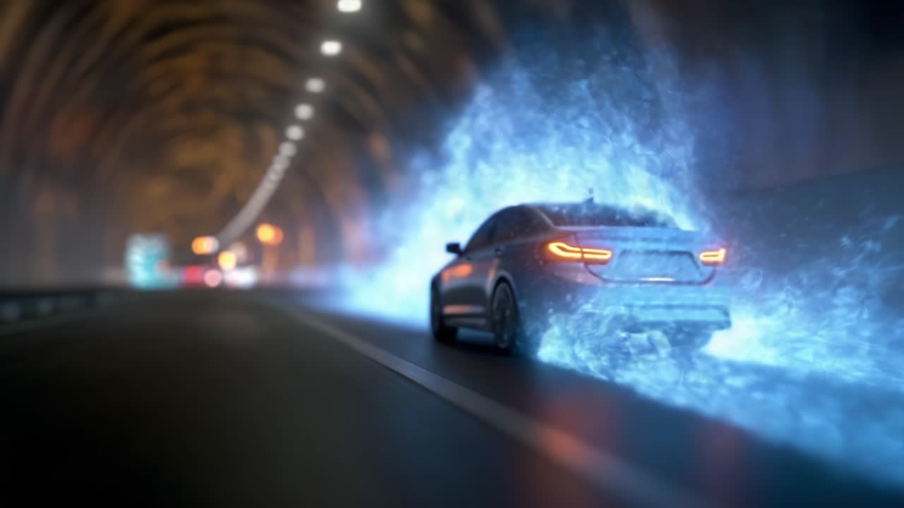 Un'auto futuristica sfreccia attraverso un tunnel luminoso, lasciando una scia ipnotica di luce ed energia che esalta la vivace atmosfera di movimento e velocità