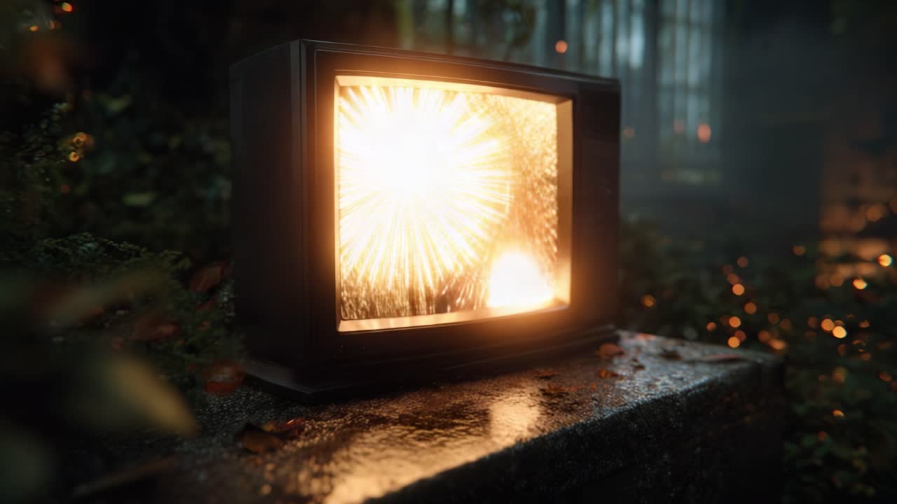 Un televisore abbandonato brilla di scintille elettriche, circondato dalla natura, riflettendo una bellissima fusione di tecnologia e mondo naturale.