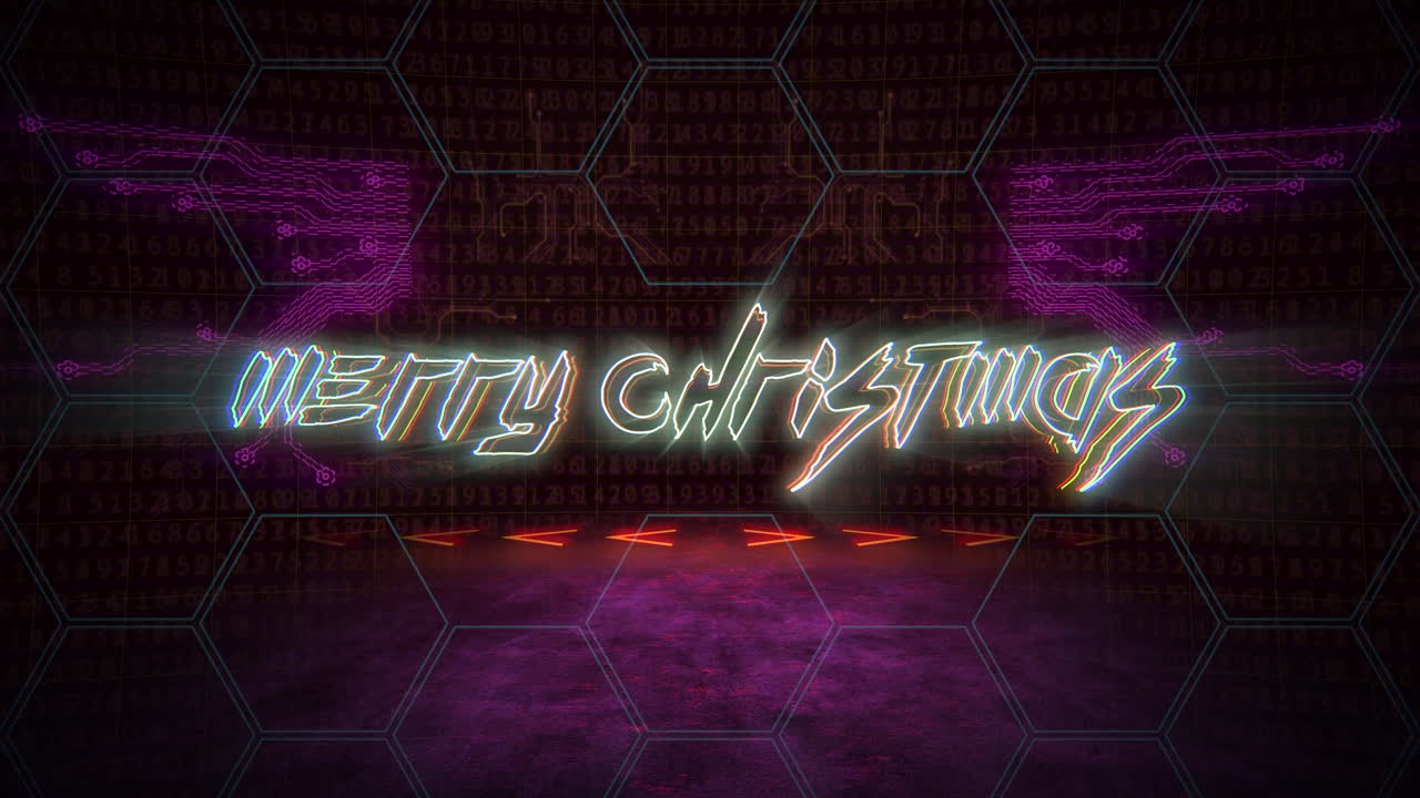 사이버펑크 매트릭스와 네온 라인이 있는 메리 크리스마스