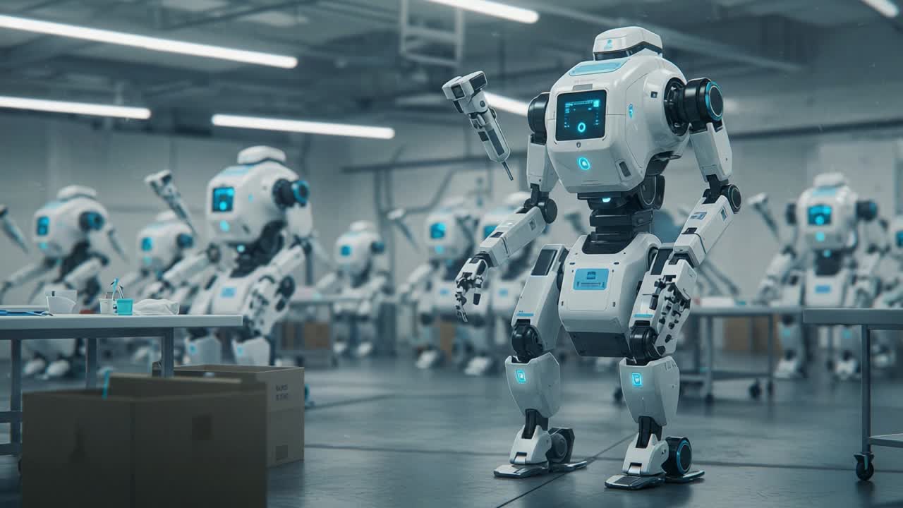 An advanced robotic assembly line showcases cutting-edge technology with humanoid machines actively working in a high-tech environment, illustrating the future of automation and industry