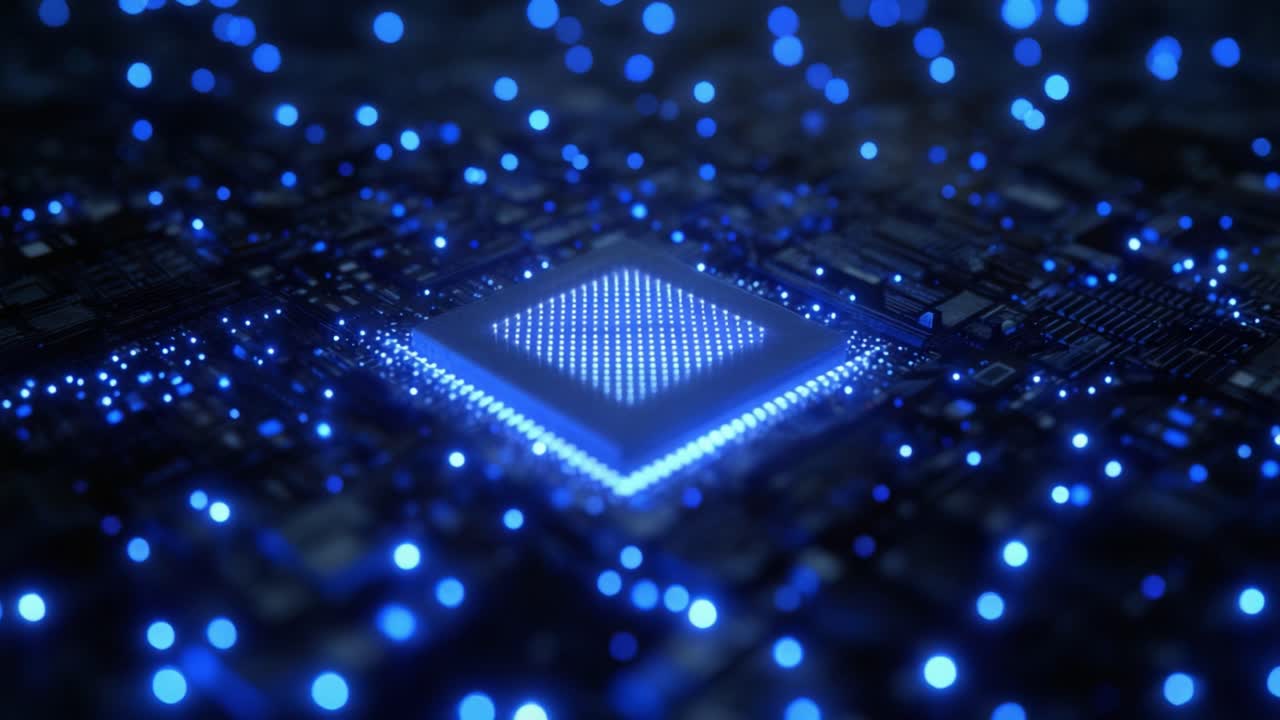 Powerful computer processor glowing with blue light while transferring streams of data through a complex electronic circuit board, representing the core of modern technological innovation
