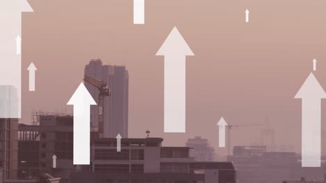 animación de múltiples iconos de flecha moviéndose hacia arriba contra la vista aérea del paisaje urbano.