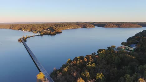 aerial view of lake shoreline on the horizon in the early evening