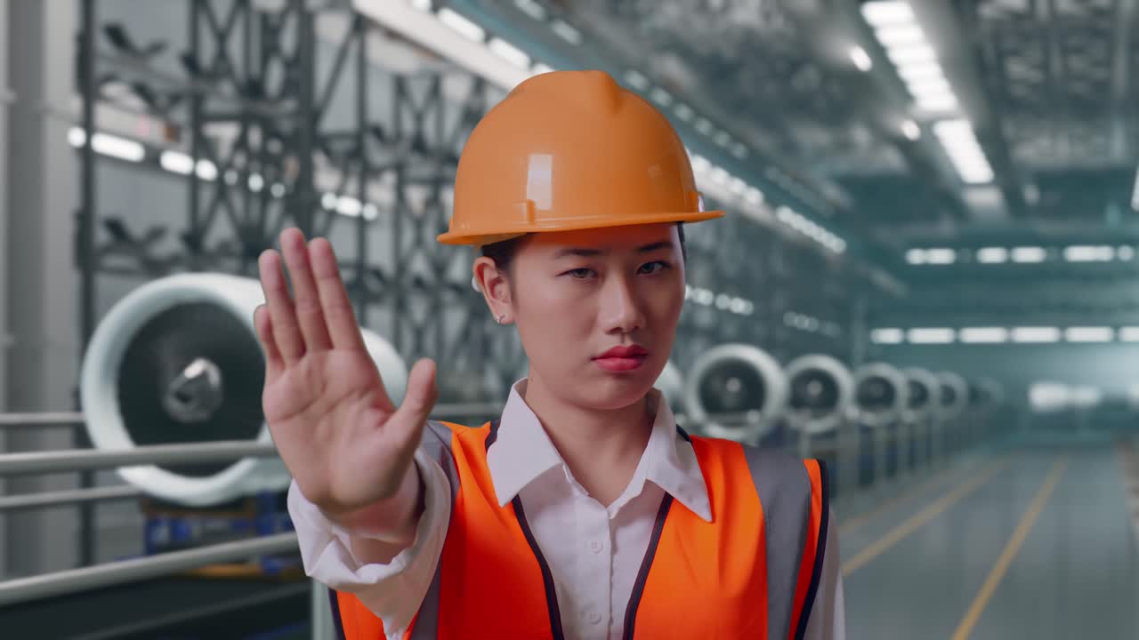 Primo piano di un'ingegnere asiatica con elmetto di sicurezza che, stando in piedi, fa un gesto con la mano per dire no, all'interno di una moderna fabbrica con una linea di produzione e assemblaggio di motori aeronautici.