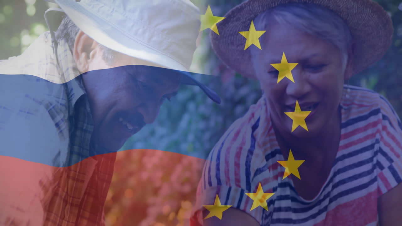 Gardening together, elderly couple with Russian and European Union flags overlay