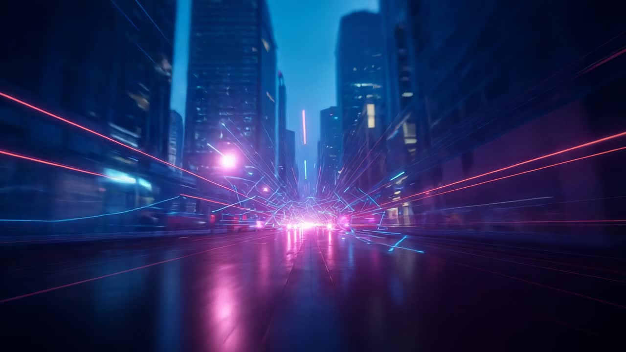 Emerging beam cluster igniting neon fractal cracks along futuristic city street, reflecting lights