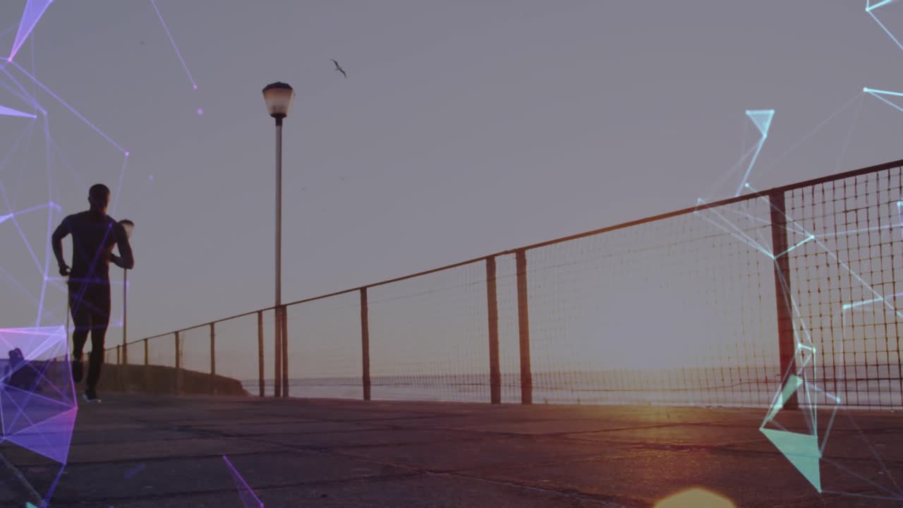 animación de una red de conexiones sobre un hombre afroamericano corriendo