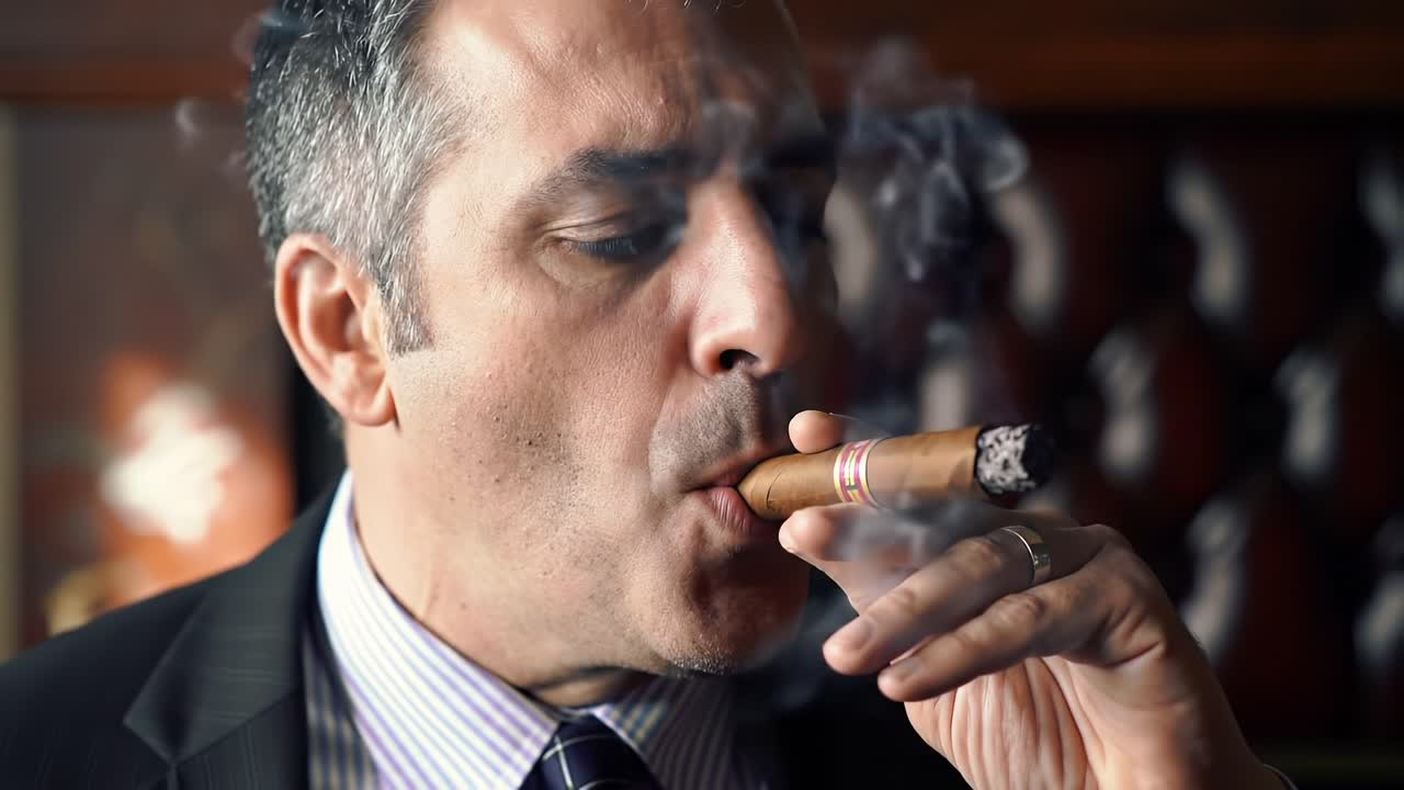 An Elegant Man Indulging in a Fine Cigar, Exuding Confidence and Sophistication in a Luxurious Setting with Premium Tobacco Pleasure and Refined Taste