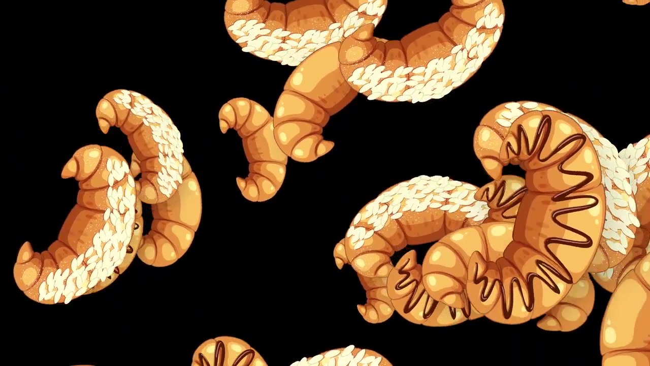 Dynamic 2D animation of various glazed and chocolate-drizzled croissants falling against a black background.