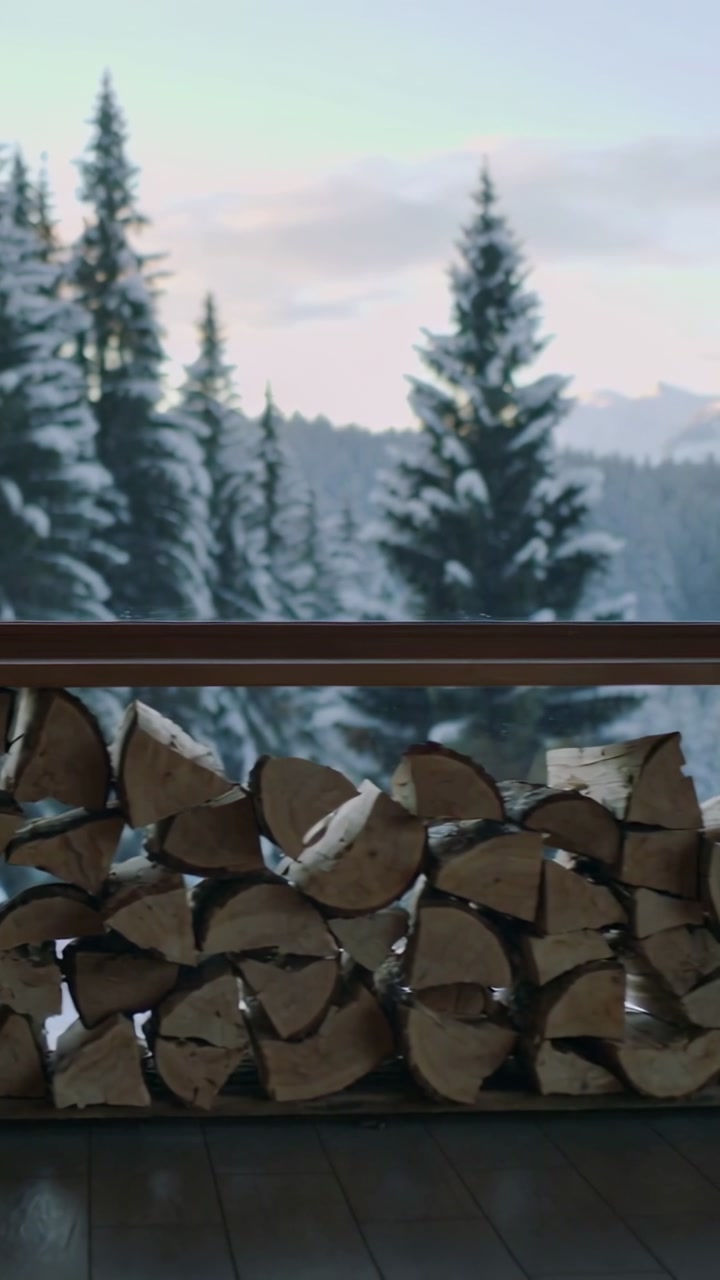 Vertical video: Drifting camera showing split log stack by cabin window, revealing distant ridge