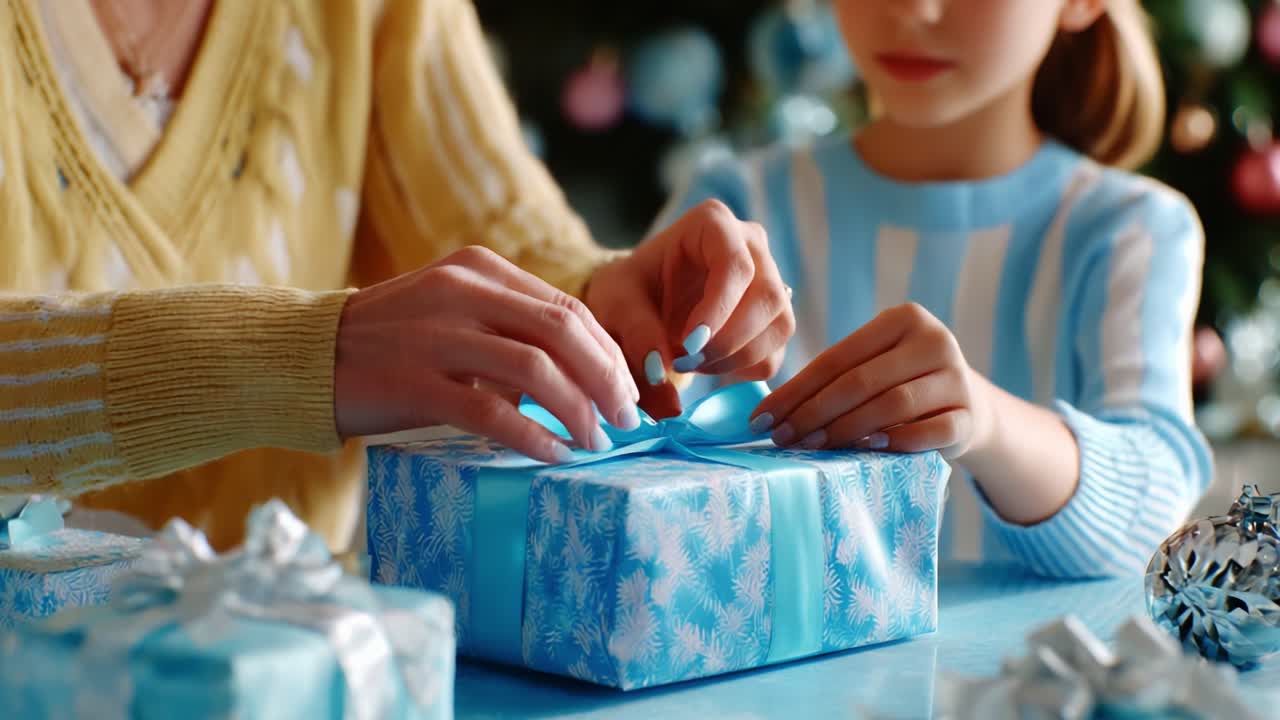 A Heartwarming Scene of Gift Wrapping: Family Bonding Moments During the Holidays with Colorful Presents and Joyful Anticipation Reflecting the Spirit of Giving