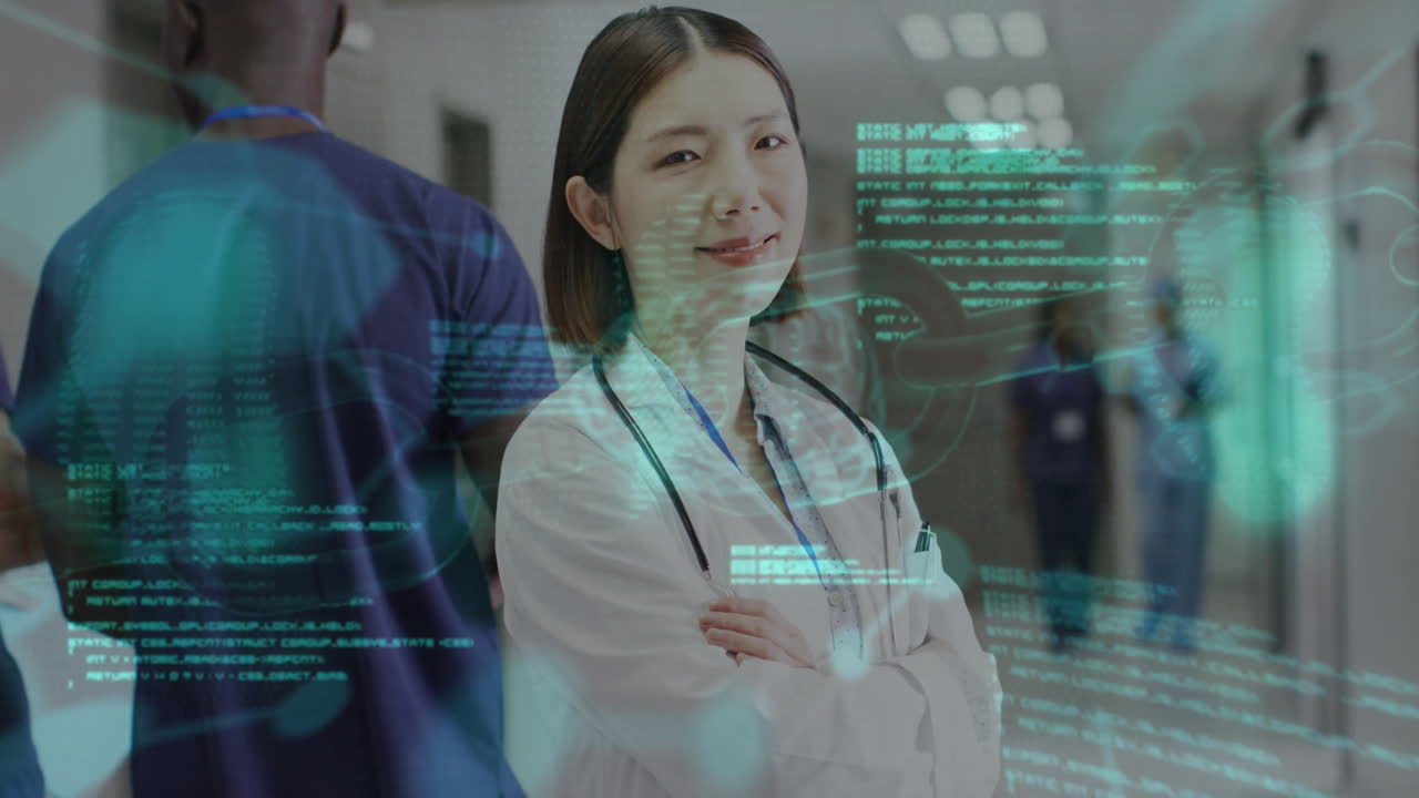 Medical data processing animation over healthcare professionals in hospital corridor