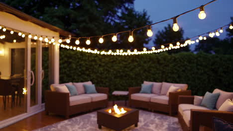 cozy outdoor patio at night with string lights and fire pit