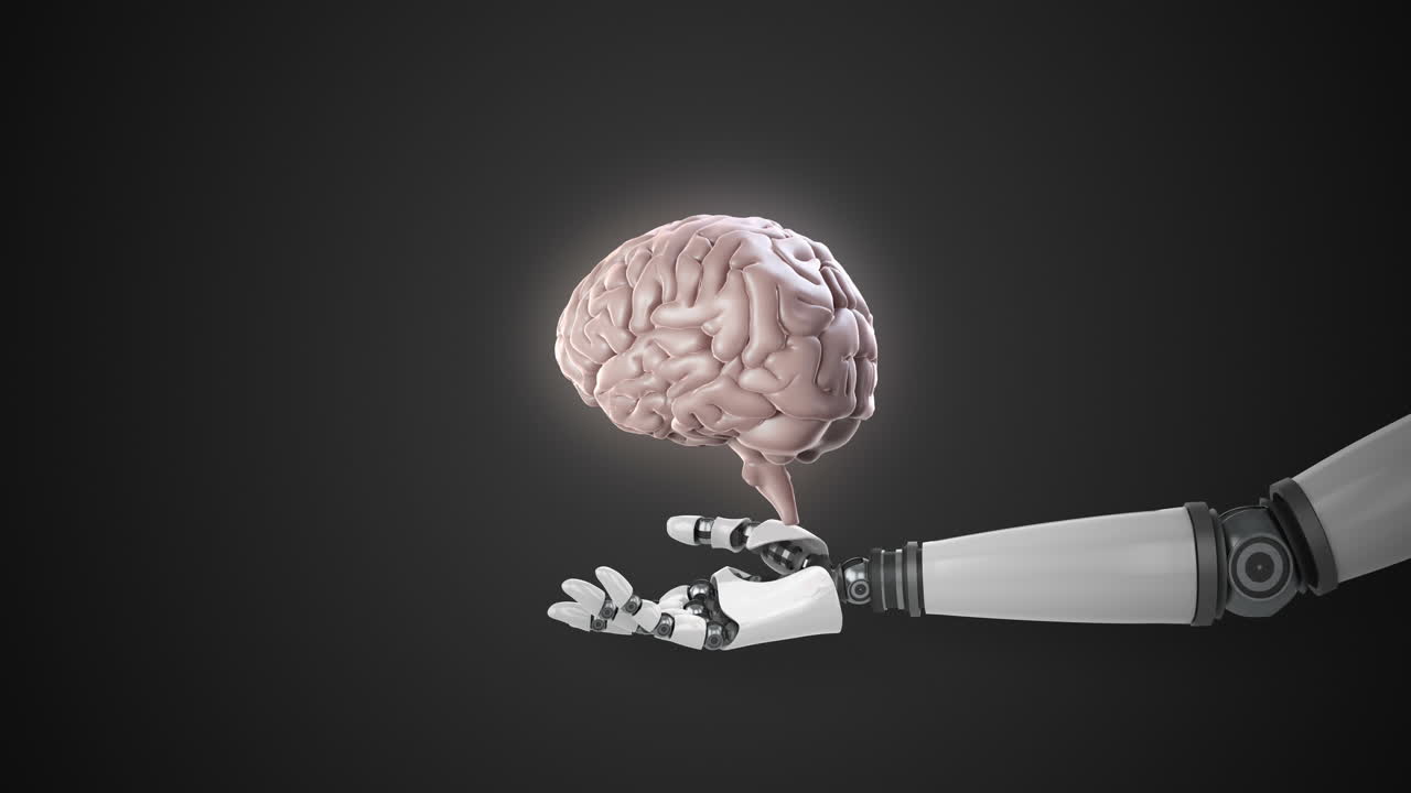 Robotic hand presenting digital human brain against black background