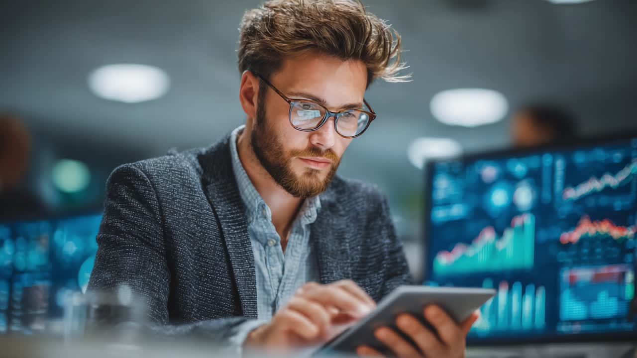 Focused professional analyzing data on a tablet device in a modern office environment, with vibrant graphs displayed on screens, showcasing a dynamic work atmosphere