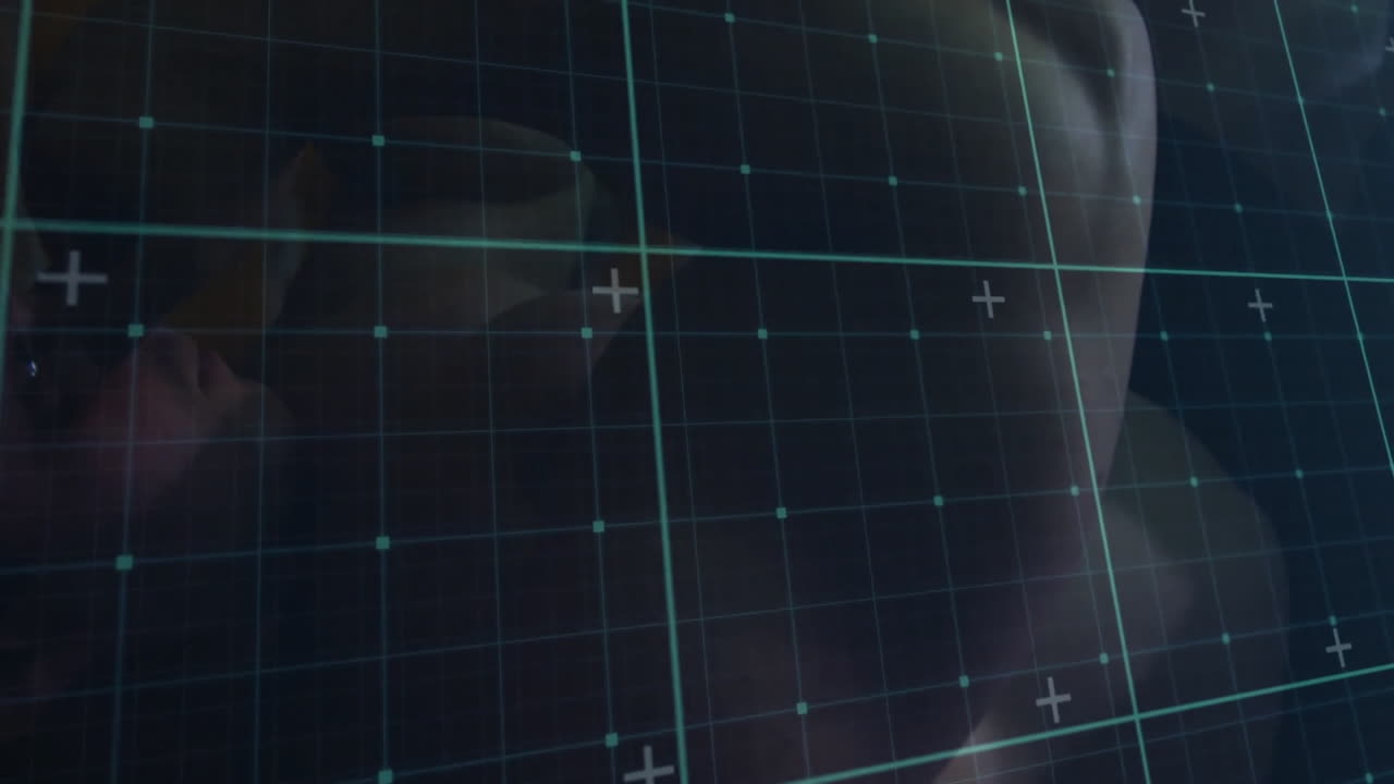 Animation with grid lines and data points on abstract blurred background