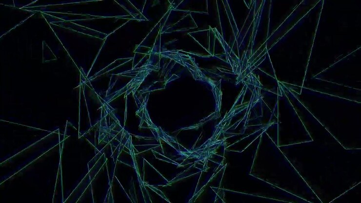 Abstract shapes and lines form a complex pattern in dark space. The design features colors that shift and move, creating a vibrant and energetic atmosphere
