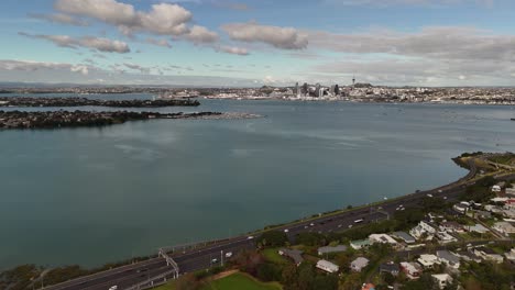 aerial shot of shoal bay and city traffic, auckland city, new zealand