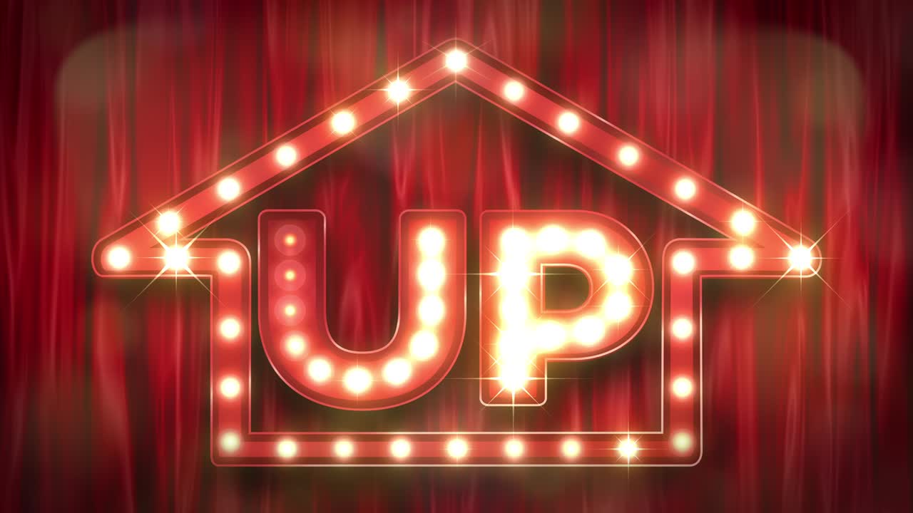 L'insegna del teatro e il sipario. Freccia e "SU" (in loop).